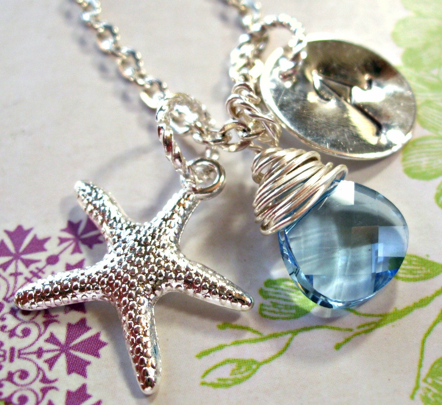 Silver Starfish Necklace, Personalized Necklace, Blue Swarovski Crystal Necklace, Ocean Jewelry, Wedding Jewelry, Bride Necklace