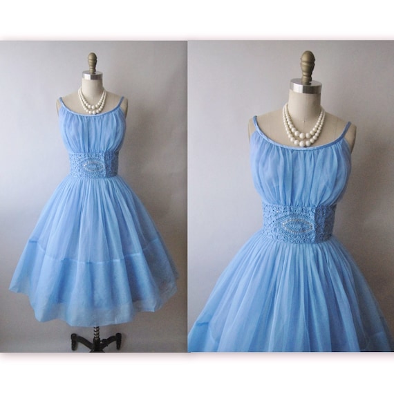 50's Chiffon Dress // Vintage 1950's Blue Chiffon Shelf Bust Prom Wedding Party Dress S
