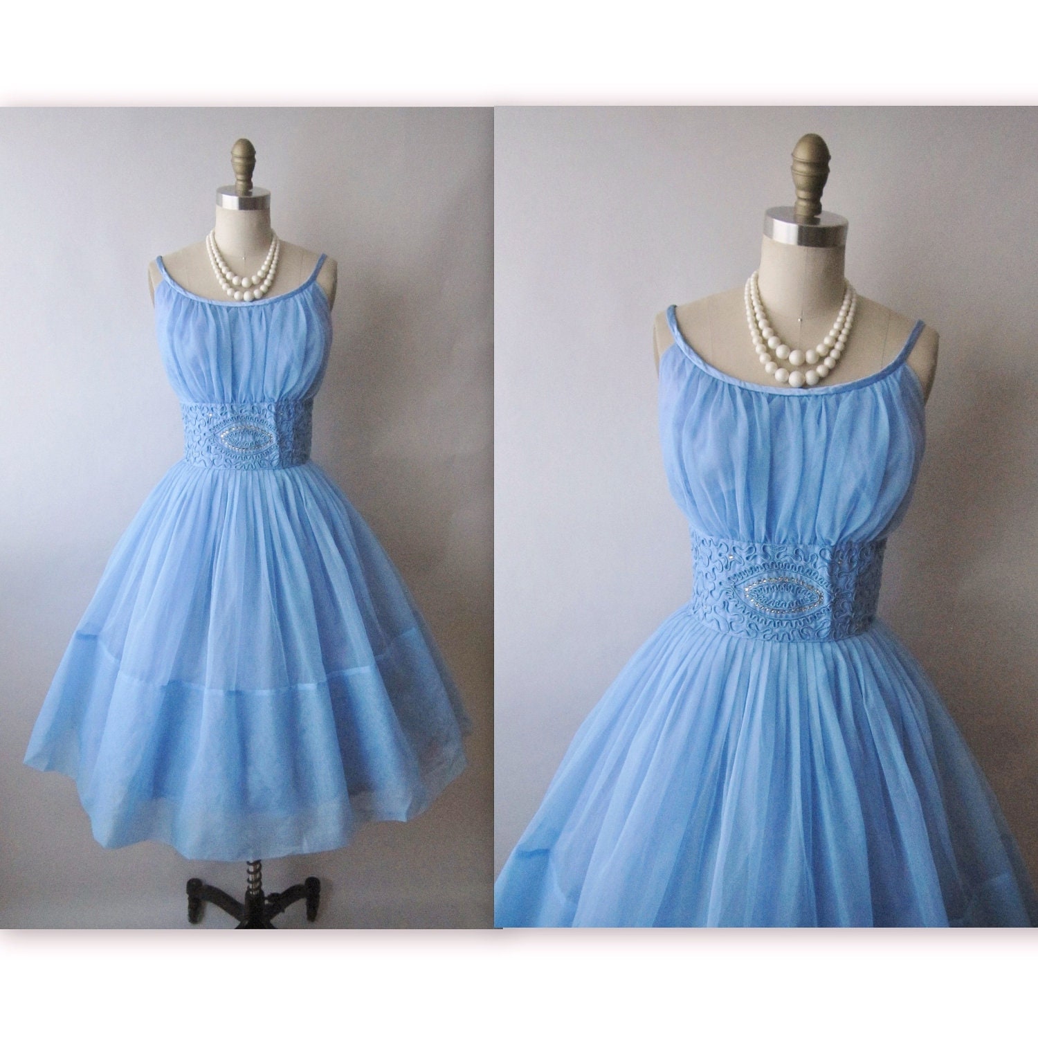 50's Chiffon Dress // Vintage 1950's Blue Chiffon Shelf Bust Prom Wedding Party Dress S