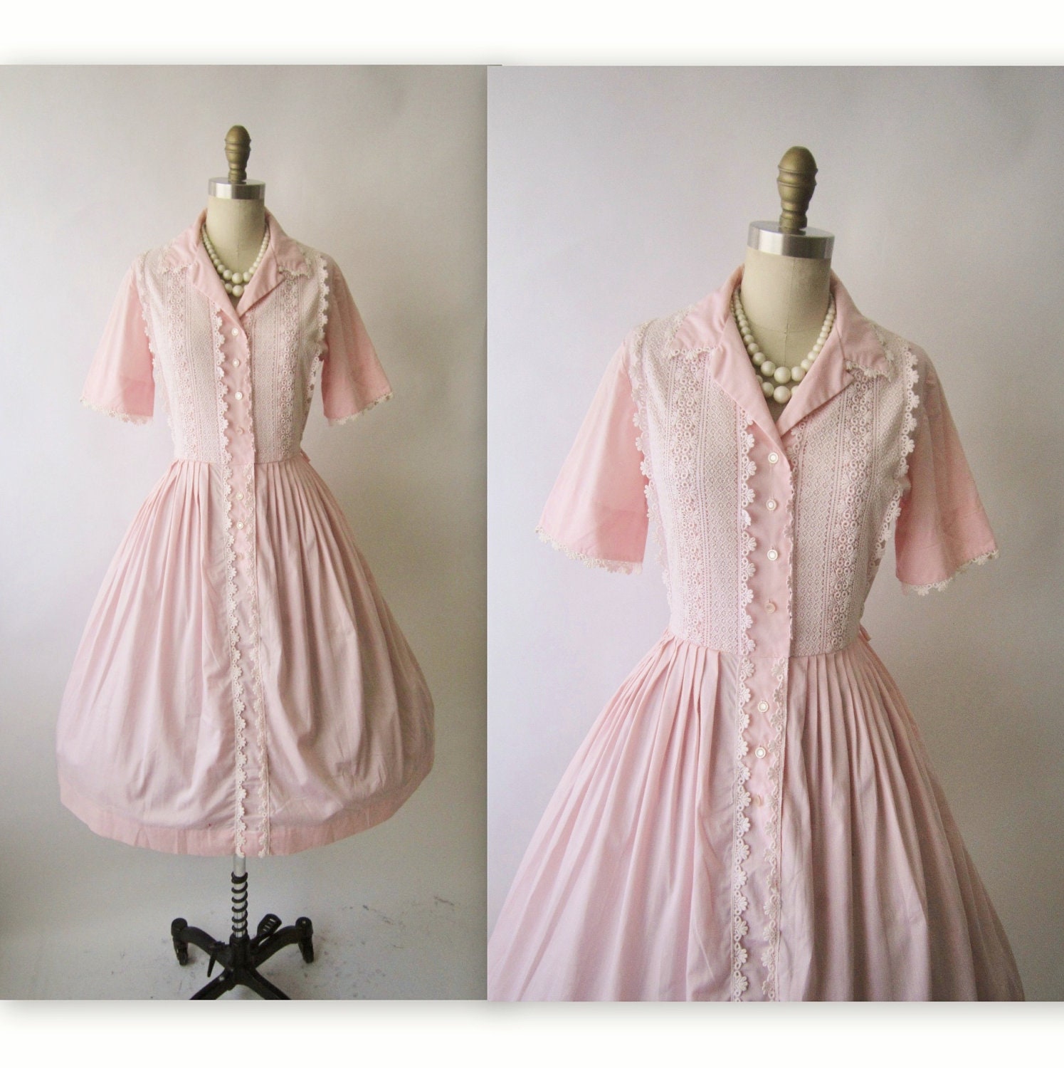 50's Shirtwaist Dress // Vintage 1950's Pink Embroidered Lace Cotton Garden Party Shirtwaist Dress M