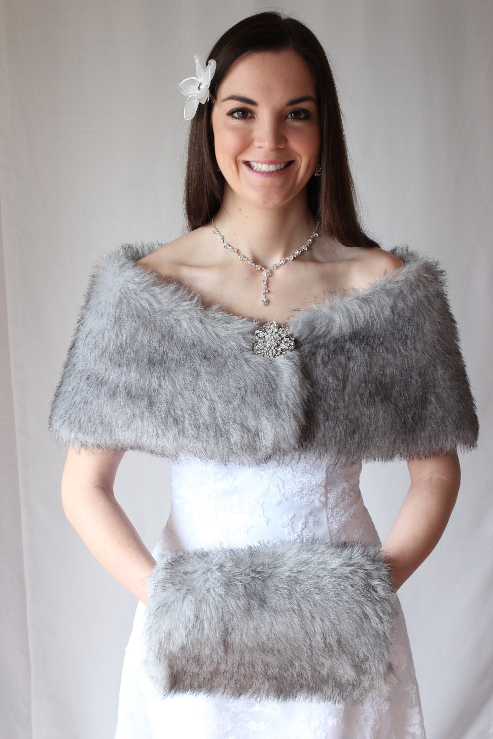 Grey Chinchilla Faux Fox Bridal Wrap