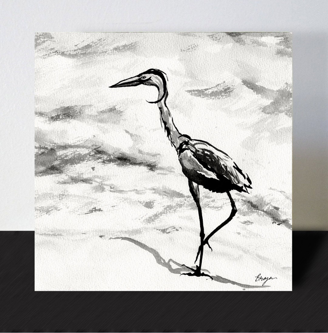 Wood Block Print - Wall Decor - Art Block - Heron Painting - 6x6 Bird Art Print  - Minimalist Home Decor Housewares