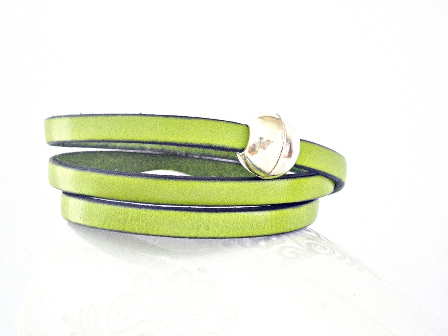 Bright chartreuse green triple wrapped leather bracelet with sphere magnetic clasp