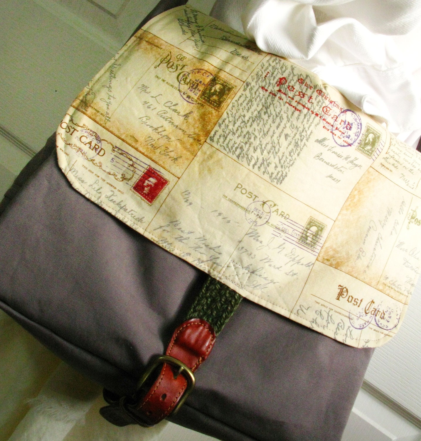 Messenger Bag, Vintage Postcards, Bag with Pockets