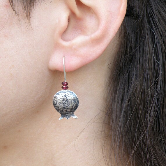 Pomegranate Sterling Silver Earrings, Garnet Earrings, Bat Mitzvah Jewelry, Pomegranate Earrings, Women Earrings