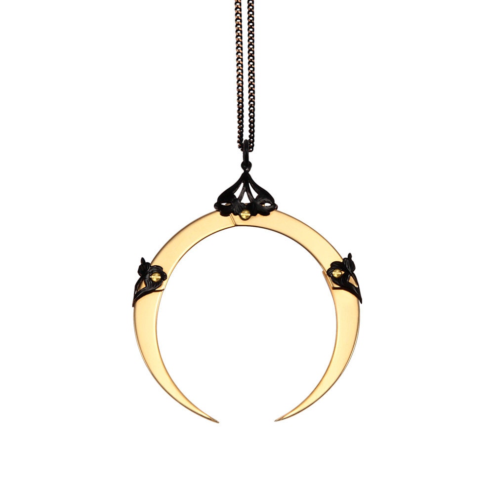 Gold Plated Full Moon Circle - Vampire Goth Pendant - Free Shipping - Antiqued Black Filigrees and Industrial Brass Screws