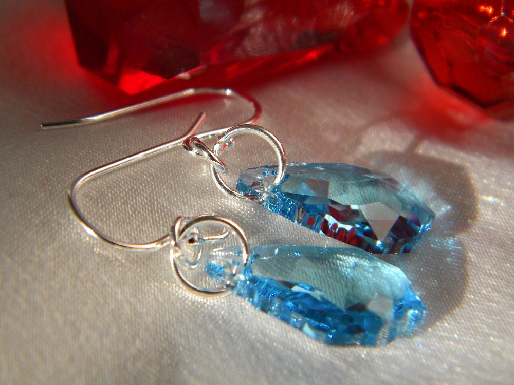 Sterling Silver small aquarmarine swarovski baroque earrings, bridal, bride