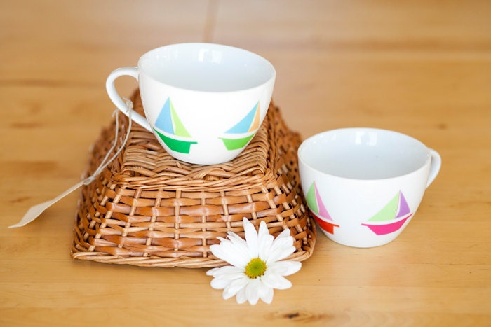 sailboat tea cups -- set of two ceramic cups