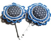 Fabric Button Bobby Pins in Blue and White Beaded Lace Frills on White Metal Bobby Pins - Set of 2