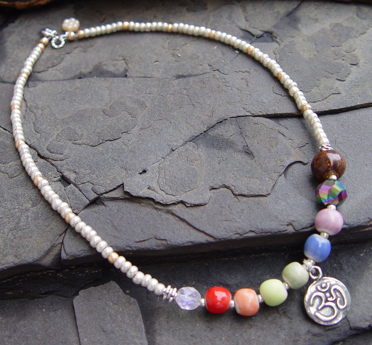 Meditation II -- Om Chakra Stoneware Beads Pewter Lotus Om Charm Handmade Necklace Yoga Moon