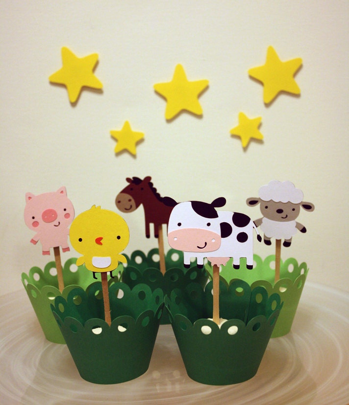 Down on the Farm Barn Themed Animals Party Cupcake Toppers / Cake Topper / Mini Cupcake Toppers / Centerpieces