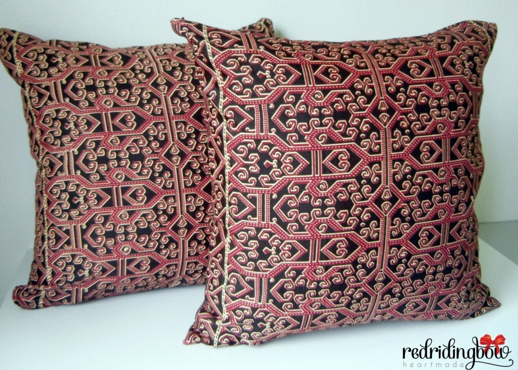 Borneo Tribal Batik Pillow Cover  Black ,Maroon - Set of 2