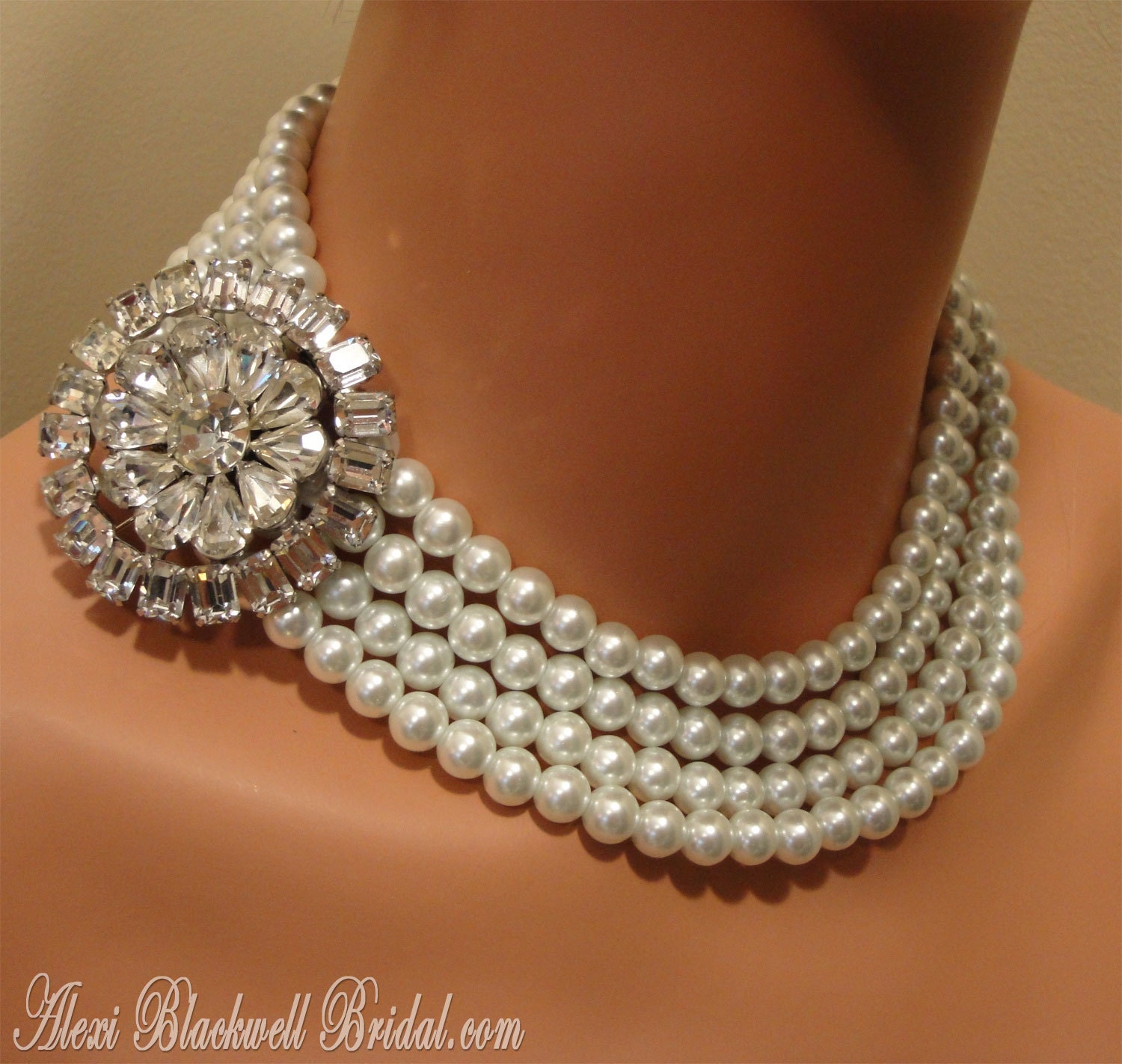 Breakfast at Tiffanys Wedding Necklace Set with Your Choice of Rhinestone Brooch 4 multi strands of White Glass Pearls Bridal jewelry