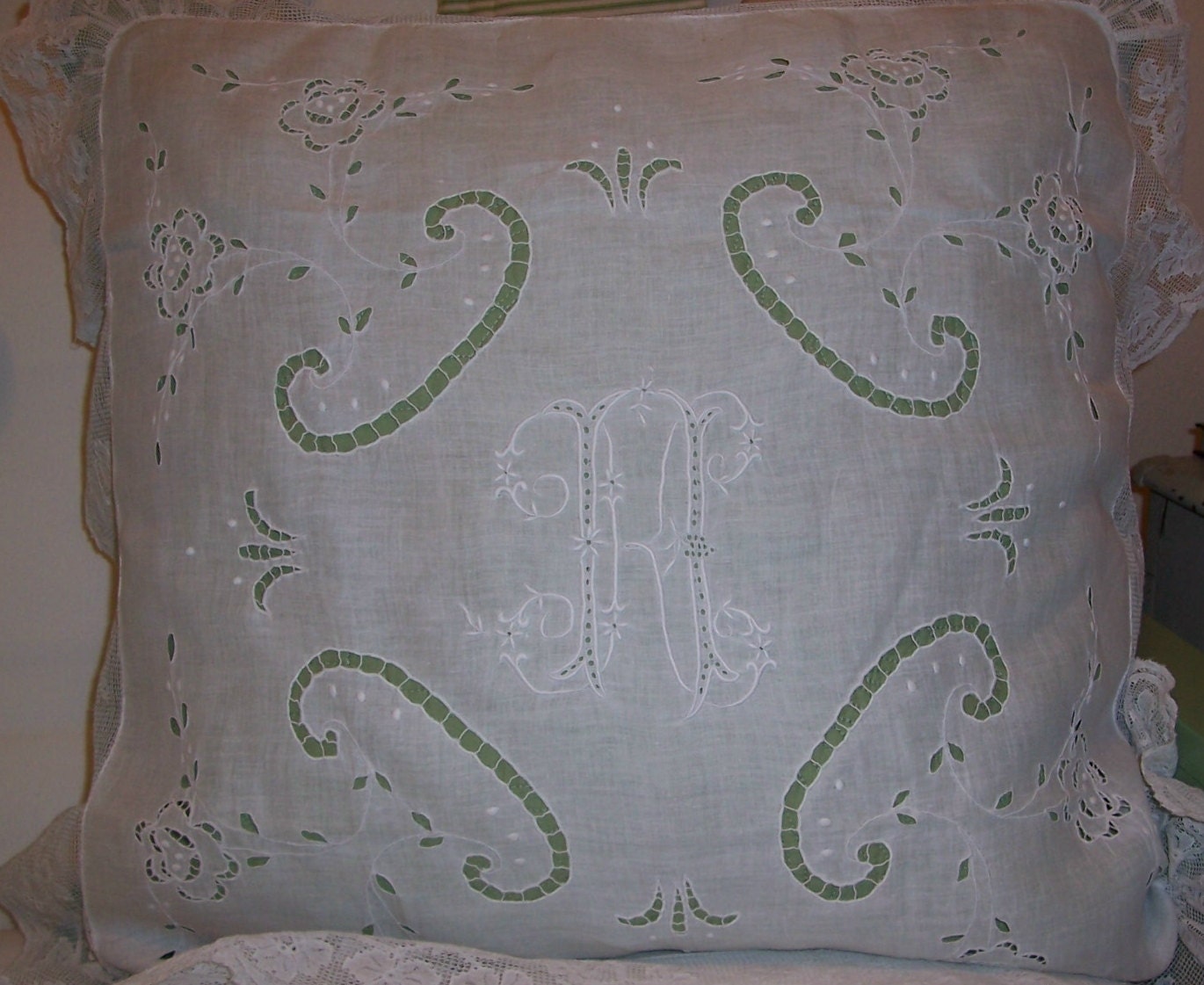 ANTIQUE Whitework Batiste Linen "K" Monogram, Cutwork, Silk Embroidery & Lace PILLOW Sham/Cover