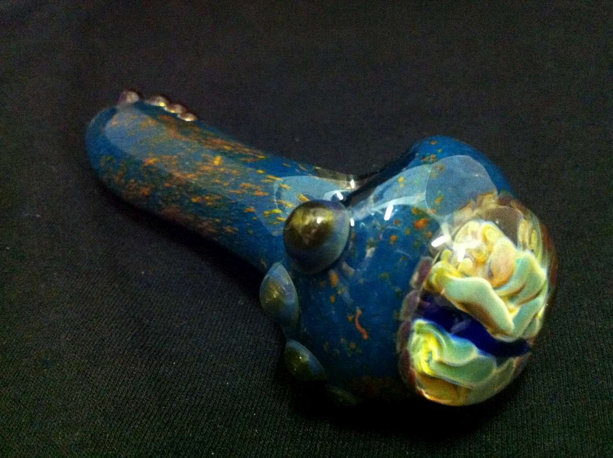 Glass Pipe Inside Out Blue and Orange Frit With Abstract Butterfly Pendant Cap Tobacco Spoon Pipe