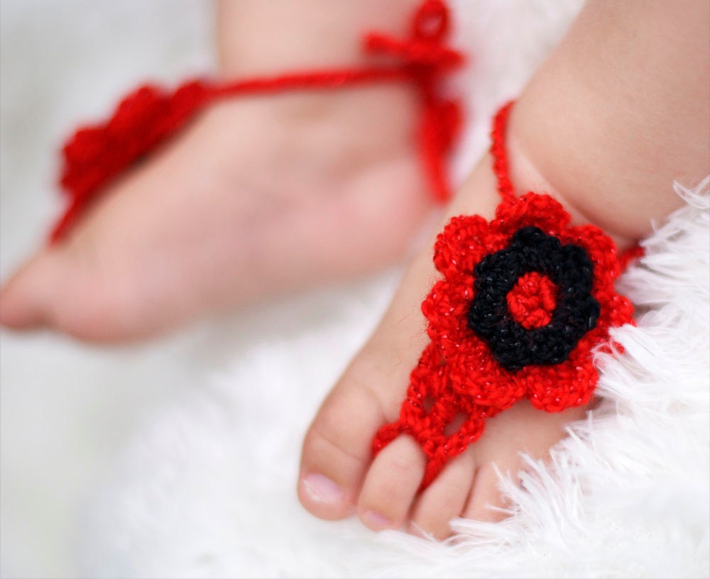 Baby Girl Barefoot Sandals, Red petal flower on red base.