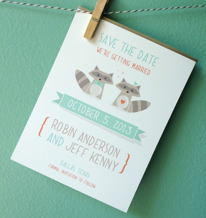 Whimsical Raccoon Save the Date Wedding Invitations, Raccoon Couple Wedding