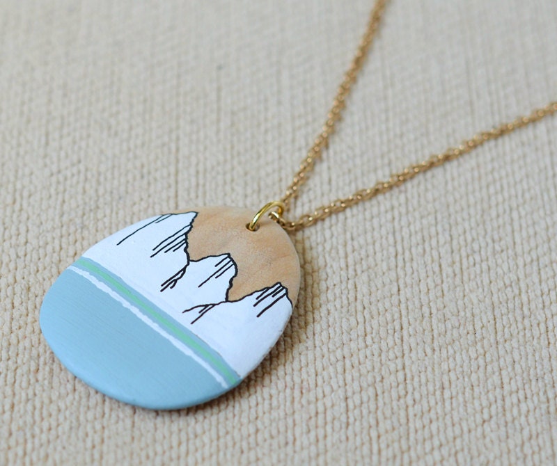 mountain peak pendant - peppermint, white and grey - by elizabeth pawle - hand painted illustrated necklace