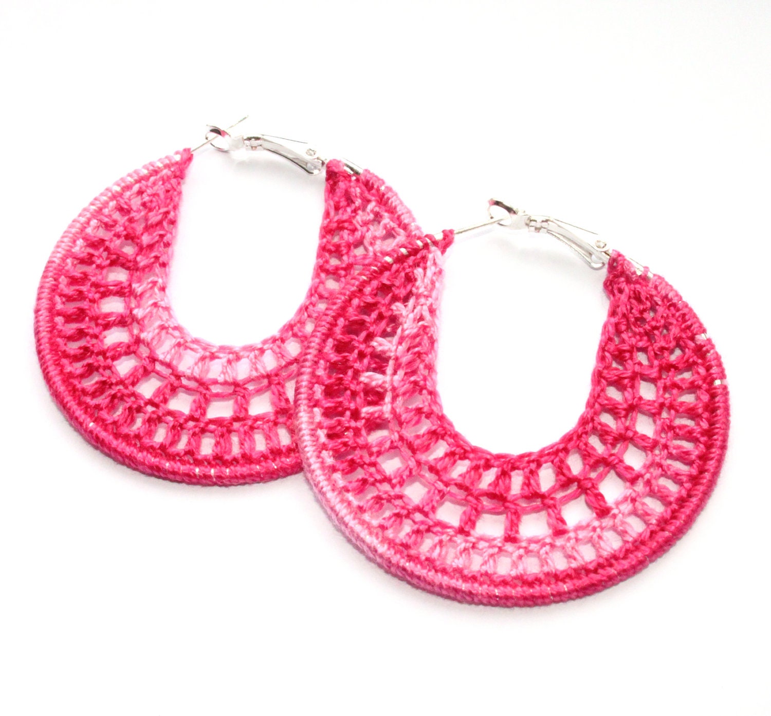 Christmas gift for her, Handmade Earrings, Crocheted Hoops, Silver Plated, Round Dangle Earrings, Pink