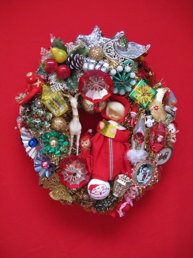 christmas kitsch wreath red and gold vintage elements 21 " by 19 " handcrafted - rivertownvintage