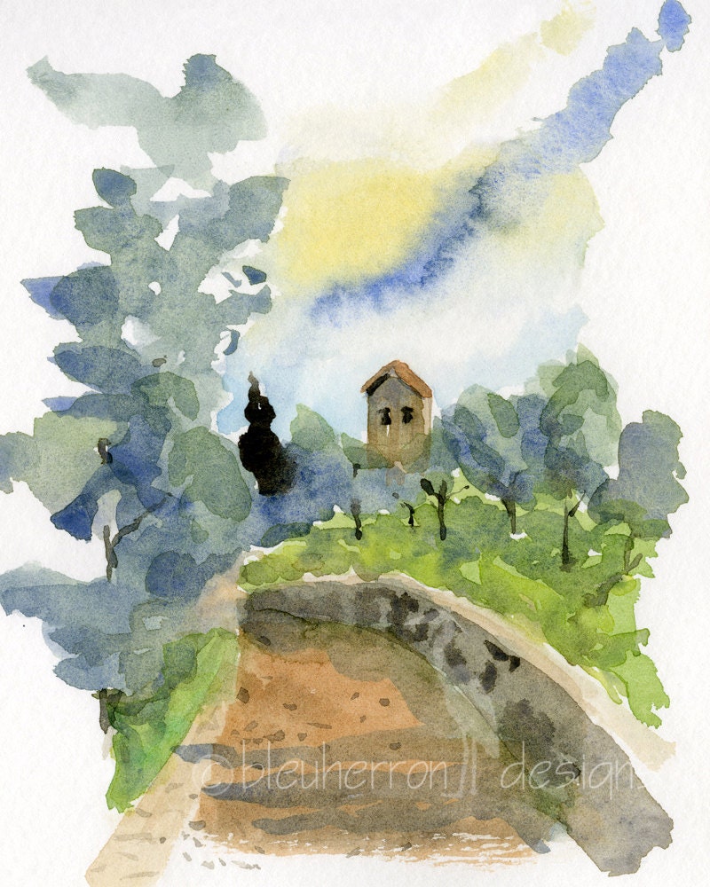 italian landscape painting- Chapel Among Olives- 8x10 watercolor print