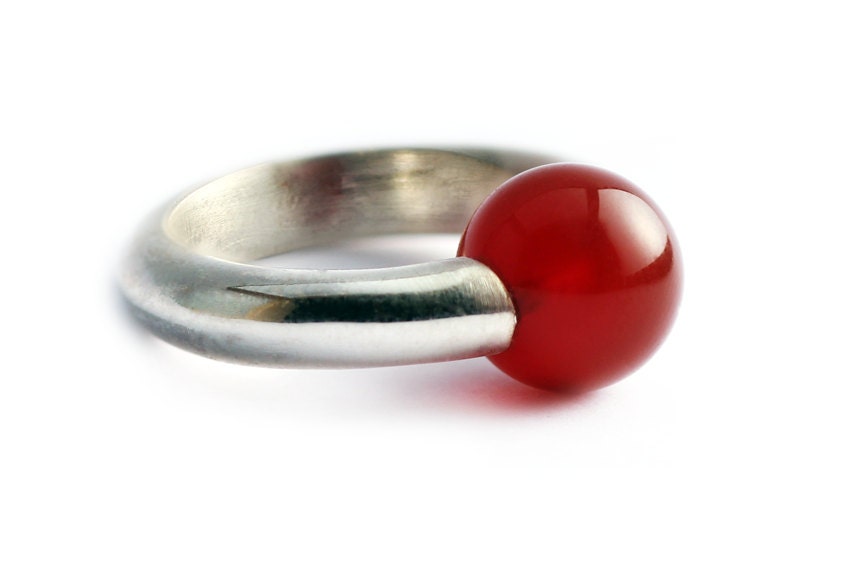 Simple ring, red stone, unique new jewelry, designer work, cornelian&silver