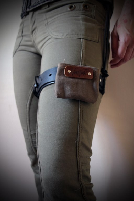 Handmade Real Leather Garter Belt with Vintage Canvas lined Pocket - steampunk - burning man - festivals - bellydance