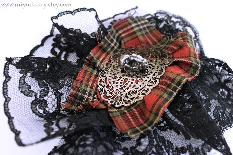 Miyu Decay Noir Filigree Brooch/Fascinator Lace and Tartan Plaid