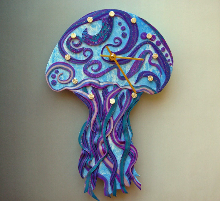 Jellyfish Clock or Wall Art Sculpture in Purple, Blue and Violet Crazy Stripe Polymer Clay
