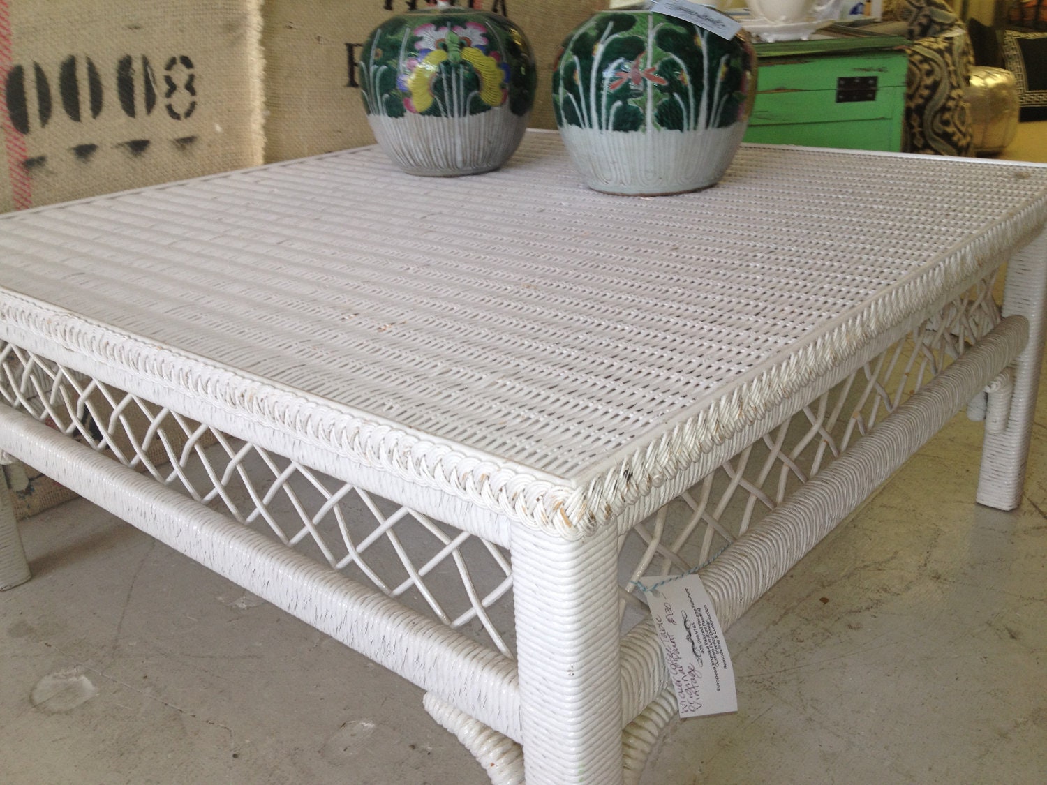 Wicker Coffee Table White Vintage