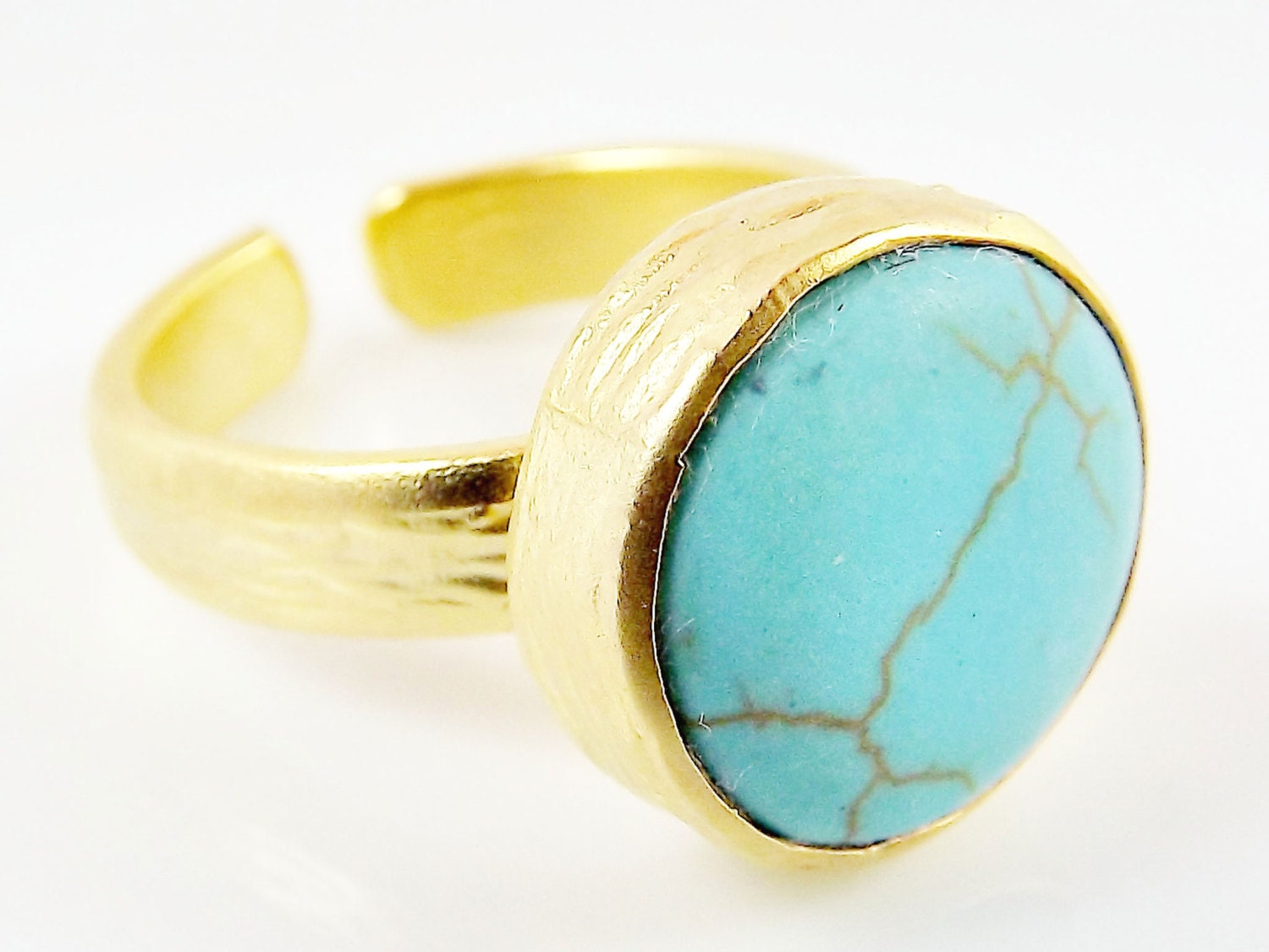 Round Turquoise Stone Adjustable Cocktail Statement Ring - 22k Matte Gold Plated - 1PC