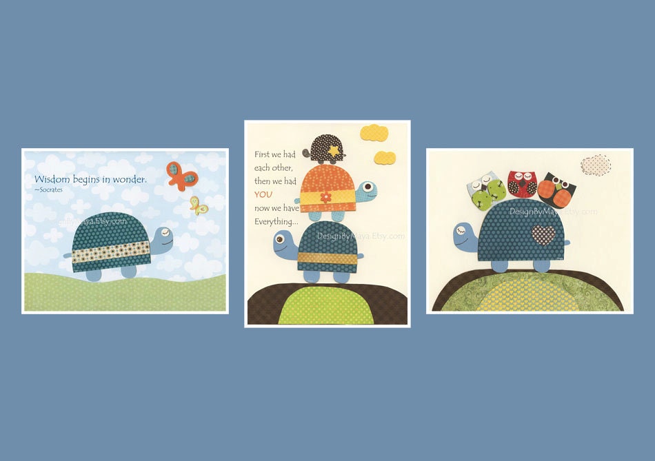 Baby boy room Nursery wall art print Baby Room Decor turtle baby owl ..set of 3 8x10, navy blue, teal, orange, green
