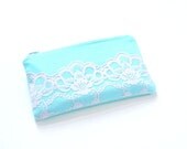 zipper pouch in teal with vintage lace in pale pink / summer fashion / bridesmaid / cosmetic bag