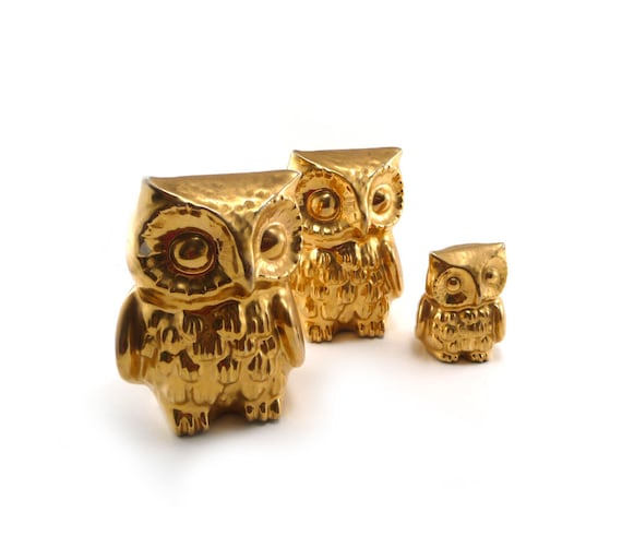 Trio of gold ceramic owls - Vintage owl family