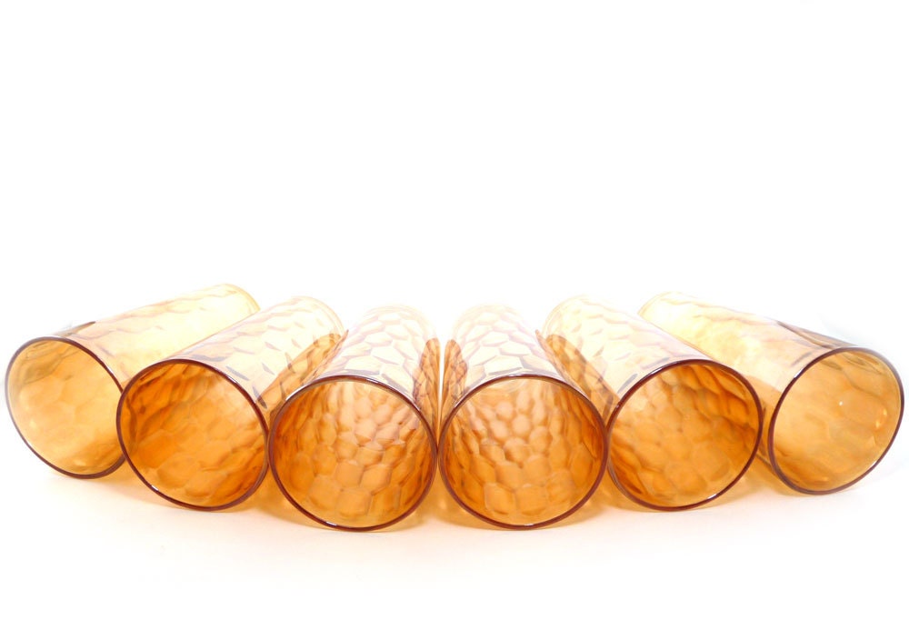 Orange iridescent glasses - six Hex Optic honeycomb Jeanette drinking glasses