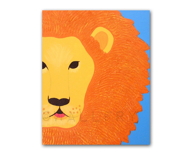 Lion Print for nursery. 8x10 safari artwork, baby  jungle art, child zoo decor animal for kids rooms and playrooms in blue and orange