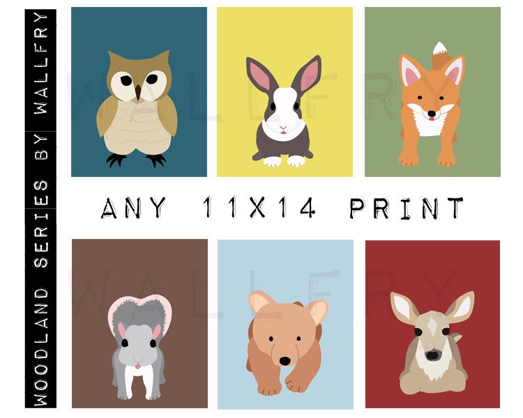 Personalized children nursery wall art for kids. Woodland animal owl nursery wall décor. ANY 1 11x14 Woodland print art for children.