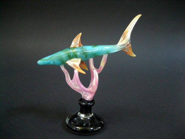 Teal Glass Shark Swimming through the Coral Reef. Lampwork Sea Life Art
