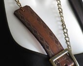 Brown Recycled Leather w Tooling Belt Buckle w Brass Chain Necklace