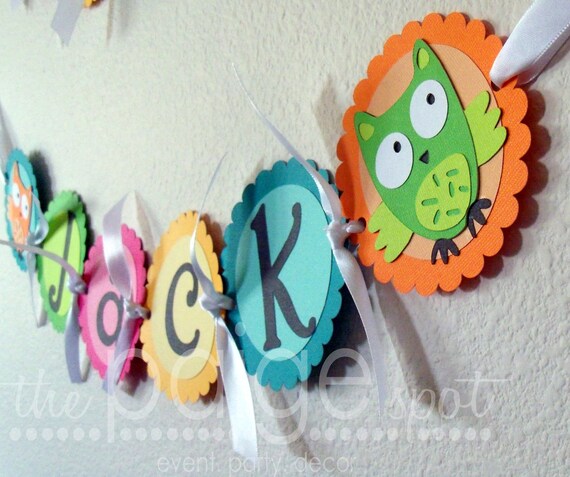 Owl NAME Banner - baby shower, birthday party, kid's room decoration - Party Hoot Owl Collection