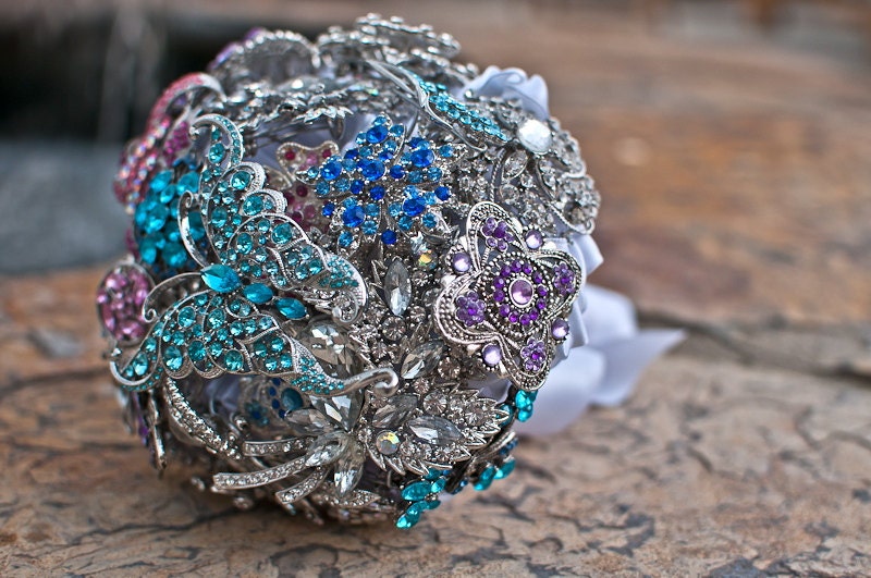 Jeweled Wedding Brooch Bouquet - BLING rhinestones, clear, pink, blue, butterfly, white ribbon, bridal bouquet