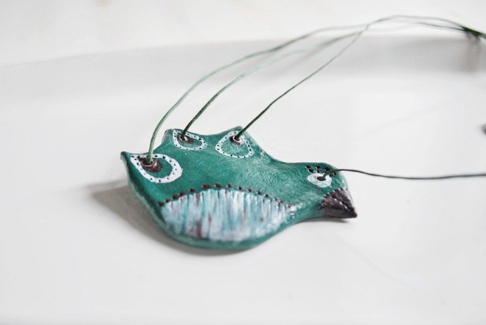 Bird necklace - animal pendant- - emerald green-wood clay - OOAK- eco friendly- cute