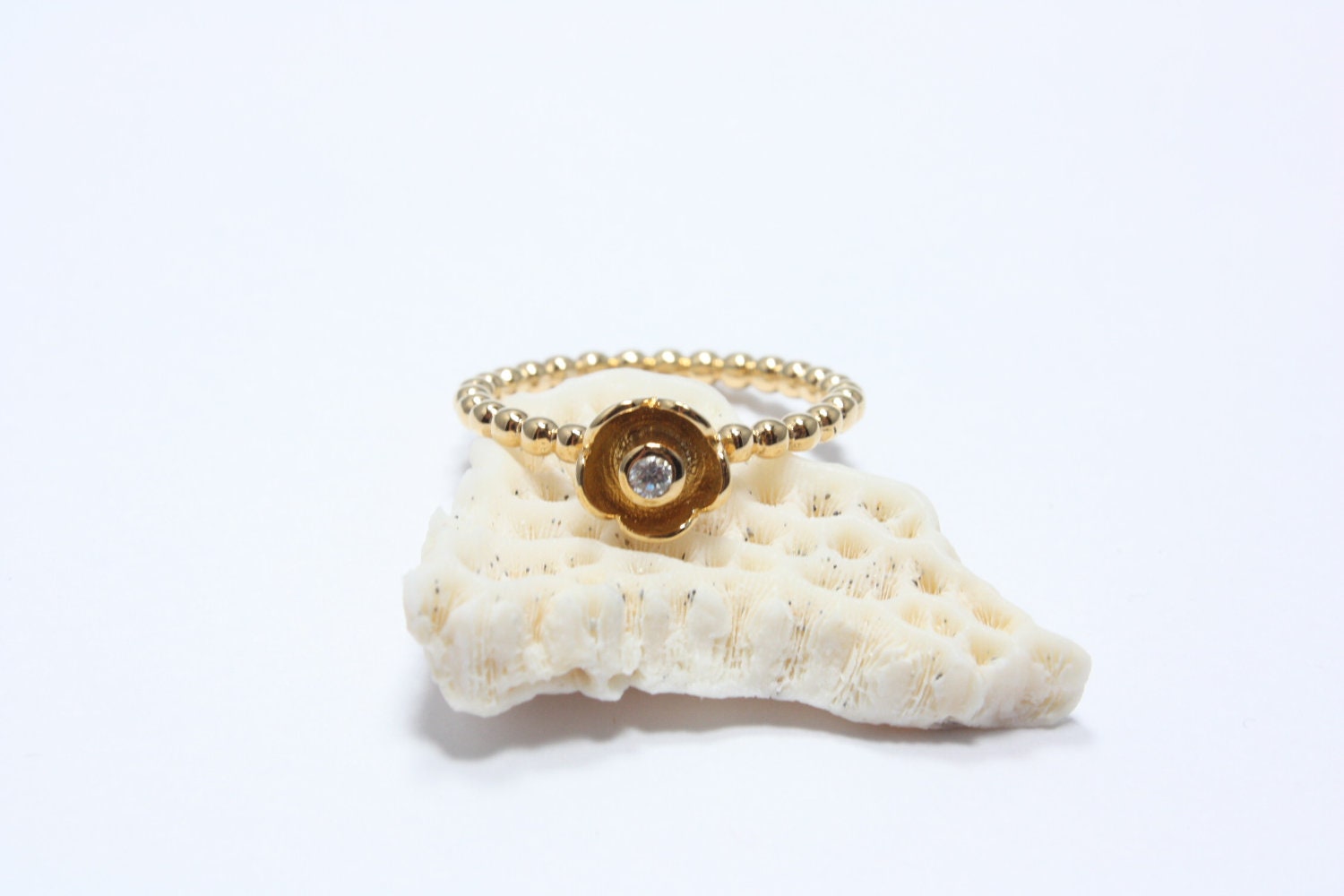 Princess Flower Ring, 14 Karat Gold Plated Sterling Silver, CZ Stackable Ring, Free USA Shipping