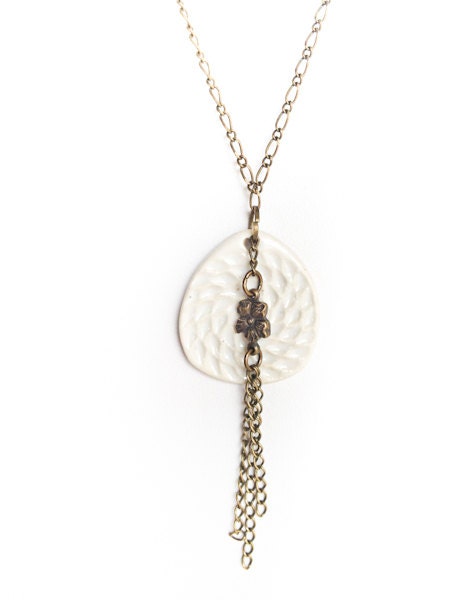 Handmade porcelain pendant jewelry ceramic necklace in textured white