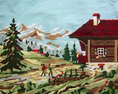 vintage needlepoint tapestry, house in the mountains