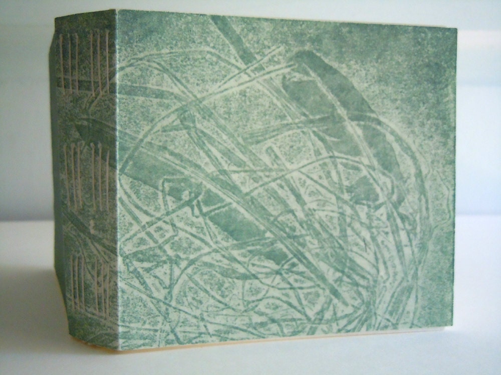 Green Feathers and Nest Paper Journal- Small Blank Paper Journal- Original Cover Art- Copper Plate Etching