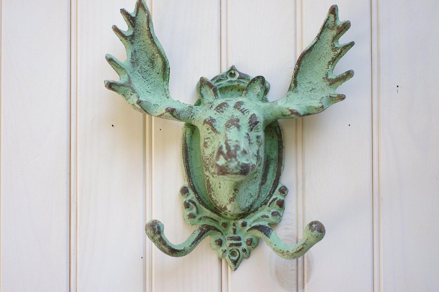 Home Decor Cast Iron Moose Double Wall Hook - Ocean Green Patina