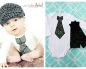 Plaid Monogrammed or Personalized Tie Onesie & Leg Warmers SET.  Mother's and Father's Day.  Green, Black, Gray Plaids and Argyle
