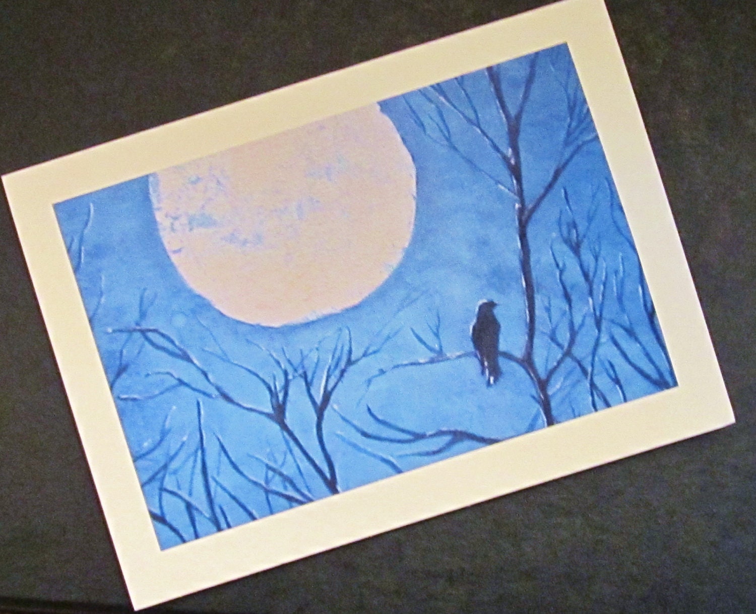 Blue Raven Crow Trees Midnight Chill Moon Abstract Greeting Card Blank