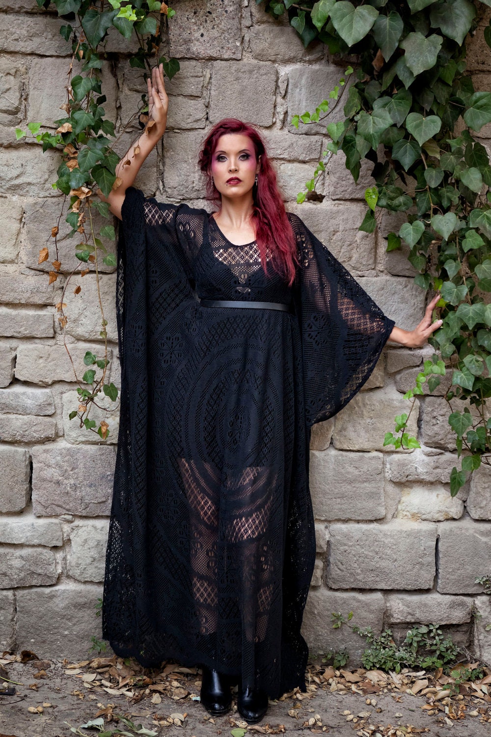 Black cotton lace long dress tunic
